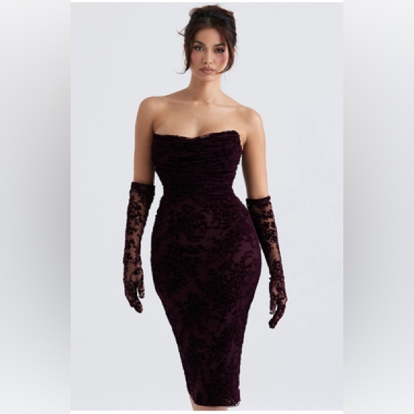 NWT House of CB ISADORA Black Cherry Devore Corset Dress & Gloves, Size Small - Picture 4 of 16